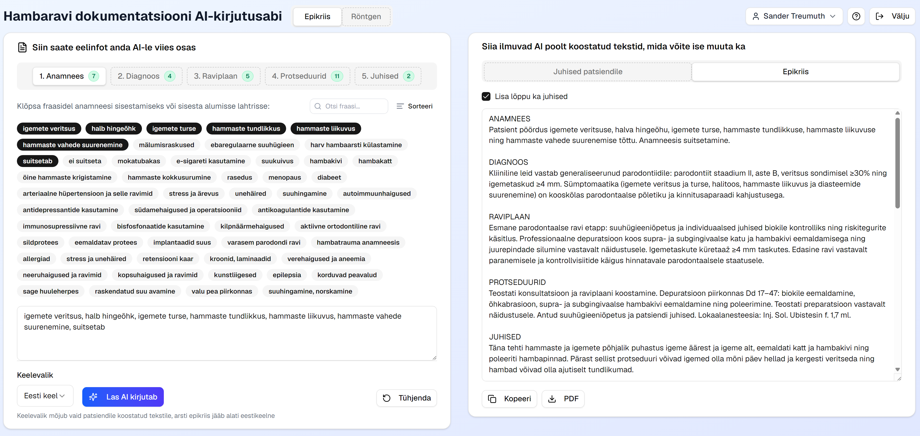 epikriis.ee dokumentatsiooni koostamise vaade sõnapilve ja sisendväljaga